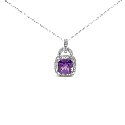 Collar con colgante de plata de ley .925 con amatista morada de talla cojín de 10 x 10 mm y halo con acento de diamante de 18" (color I-J, claridad I1-I2)