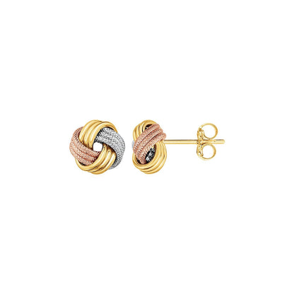 Pendientes de poste nudo de amor en oro tricolor de 14k