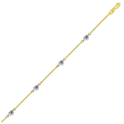 Tobillera de oro de 14k de dos tonos con estaciones de corazón de estilo tallado con diamante