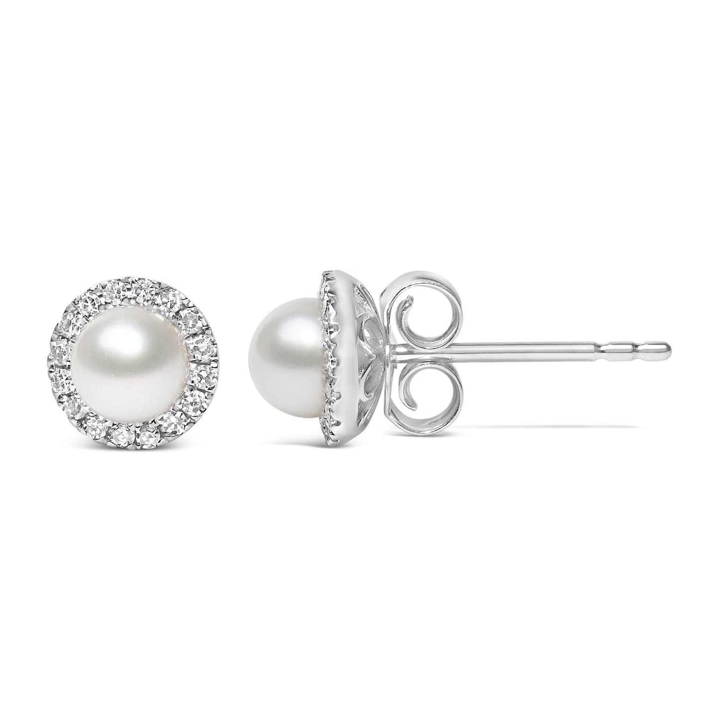 Pendientes de botón halo de oro blanco de 10K con perlas cultivadas de agua dulce de 4,5 mm y diamantes de 1/7 Cttw (color I-J, claridad I1-I2)