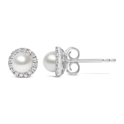 Pendientes de botón halo de oro blanco de 10K con perlas cultivadas de agua dulce de 4,5 mm y diamantes de 1/7 Cttw (color I-J, claridad I1-I2)
