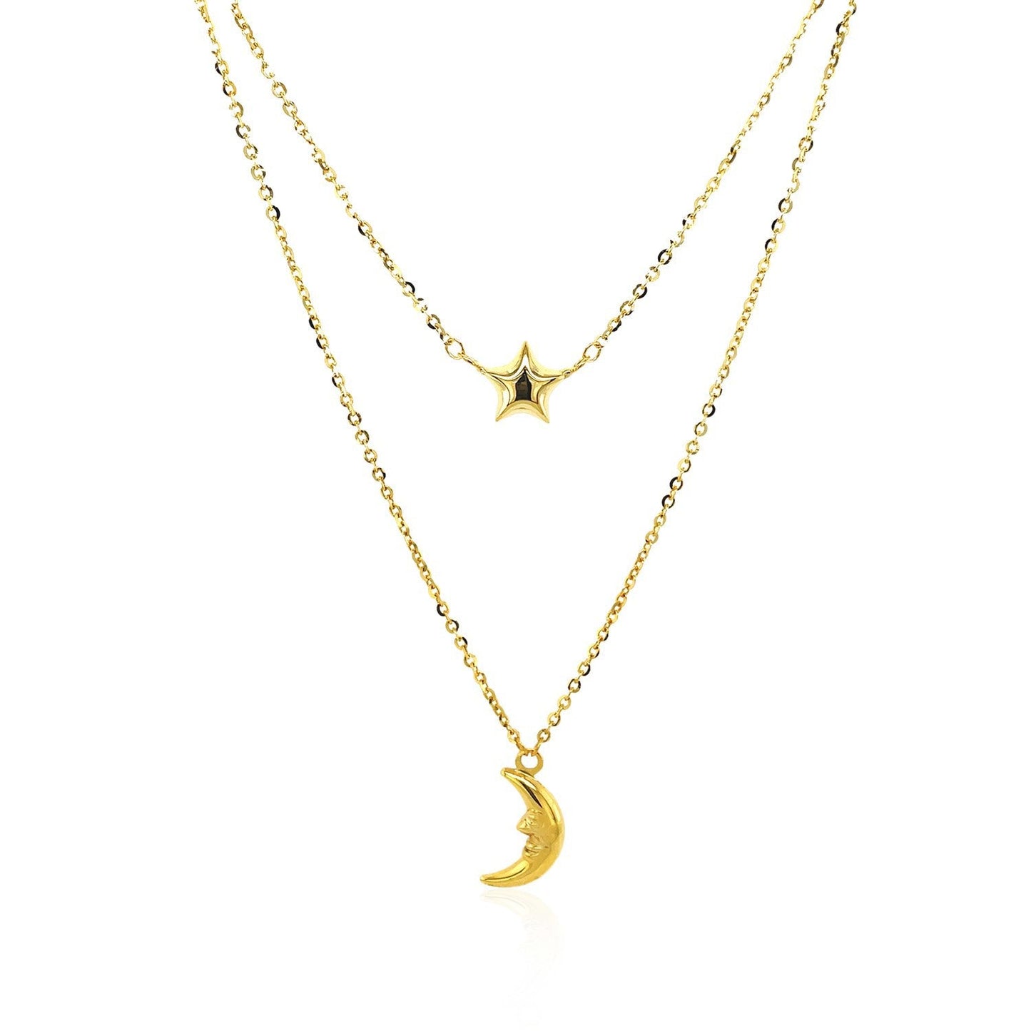 Cadena de oro amarillo de 14k de doble hebra con luna y estrella infladas