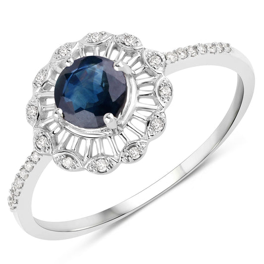 Anillo de oro blanco de 14K con zafiro azul genuino de 0.72 quilates y diamante blanco