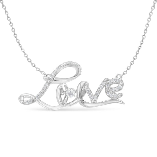 Collar con colgante de plata de ley 925 con la palabra "Love" en cursiva, 1/4 qt de diamante, 45,7 cm (color H-I, claridad I1-I2)