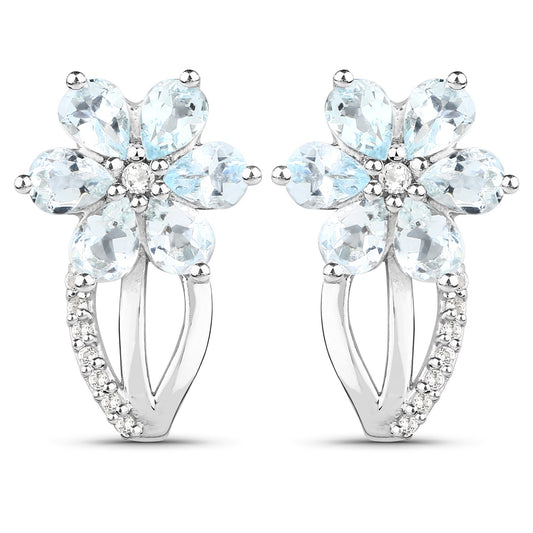 Pendientes de Plata Fina de Ley .925 con Aguamarina Genuina y Topacio Blanco de 1.54 Quilates