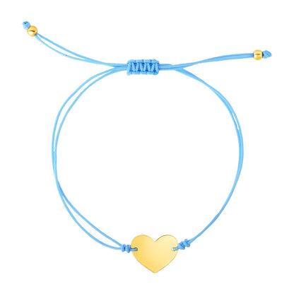 Pulsera ajustable de cordón azul de 9 1/4 pulgadas con corazón de oro amarillo de 14k