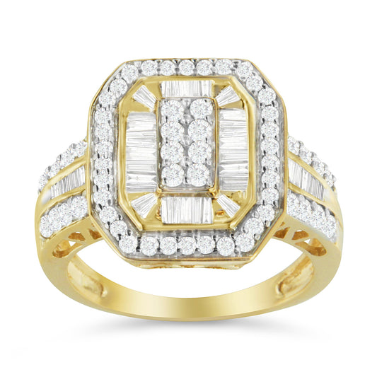 Anillo de cóctel de oro amarillo de 10 qt con diamantes de 1,0 quilates, inspiración vintage, corte baguette, doble halo y forma de esmeralda (color I-J, claridad I1-I2) - Talla 6-1/2