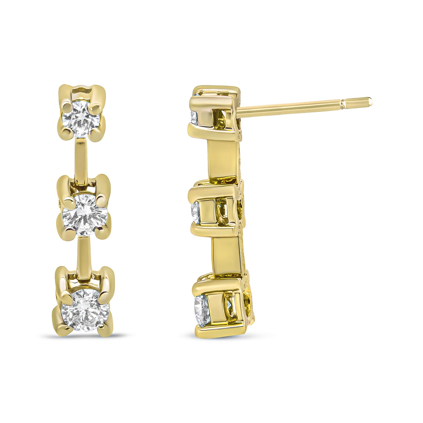 Pendientes de botón en oro amarillo de 14 quilates con diamantes redondos de 1/2 quilate en total, de tres piedras, en cascada lineal y con diseño de pasado, presente y futuro (color H-I, claridad SI1-SI2)