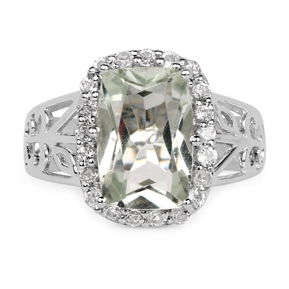 Anillo de plata de ley .925 con amatista verde genuina de 3.94 quilates y topacio blanco