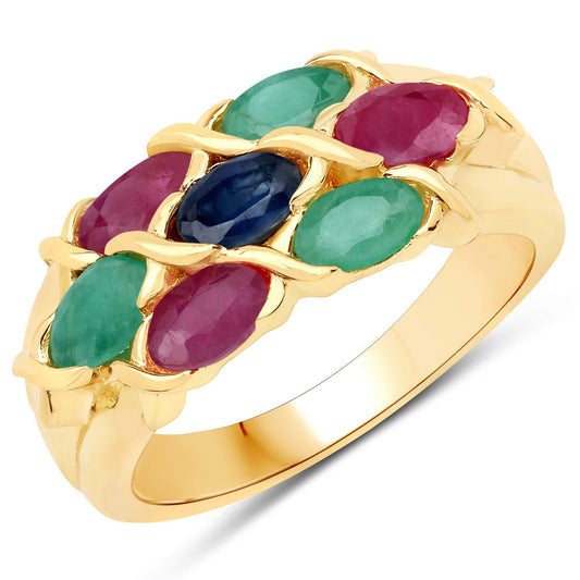 Anillo de plata de ley .925 con rubí, zafiro azul y esmeralda auténticos de 1,63 quilates