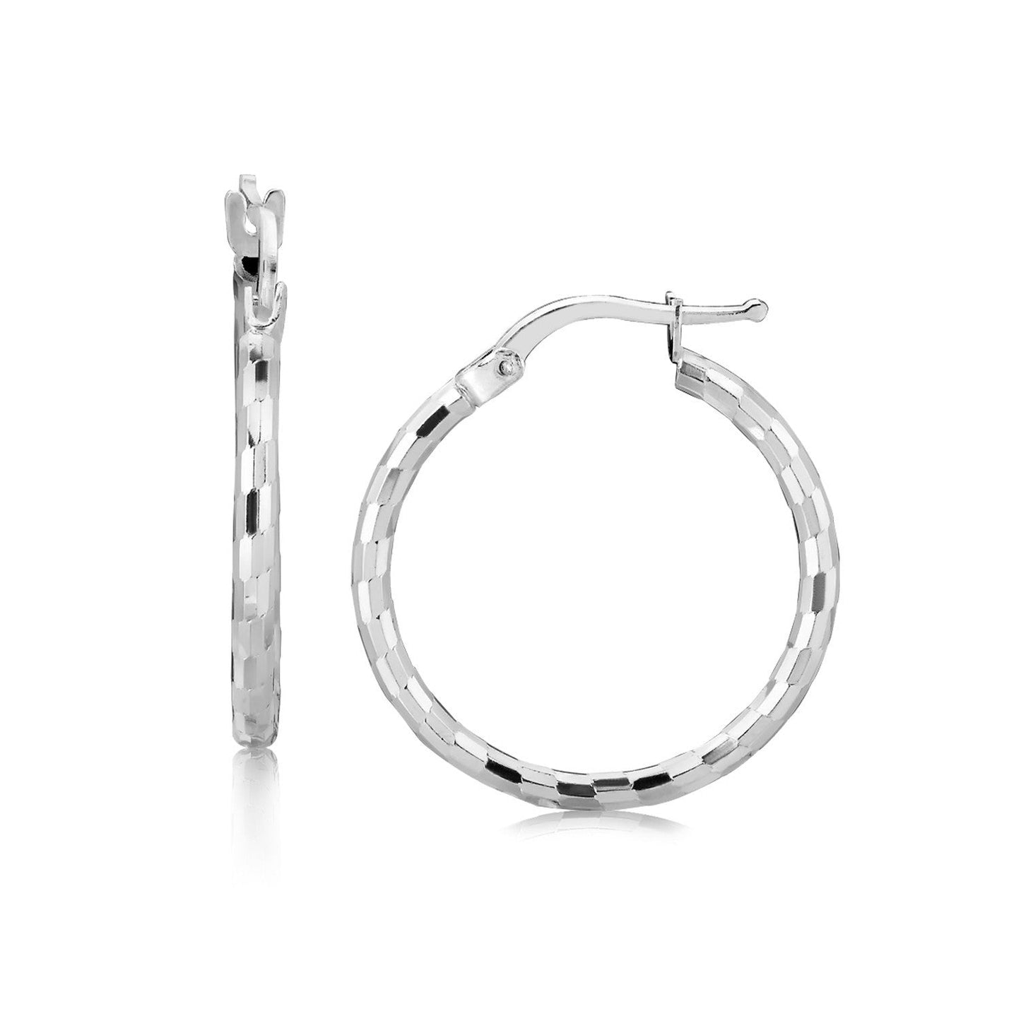 Pendientes de Aro de Plata de Ley con Corte de Diamante y Baño de Rodio (20mm)