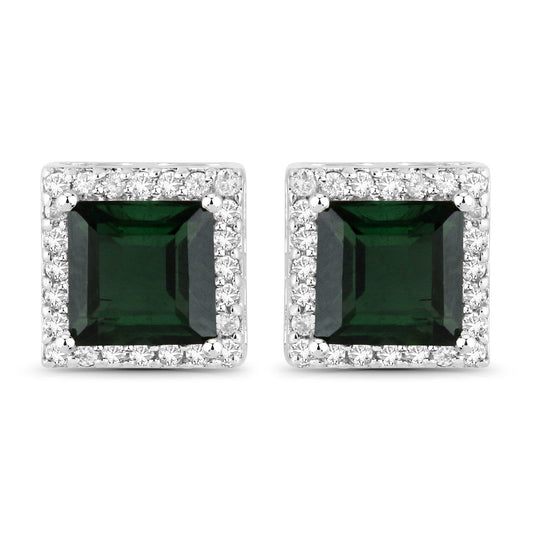 Pendientes de oro blanco de 14 quilates con turmalina verde genuina de 1,55 quilates y diamantes blancos