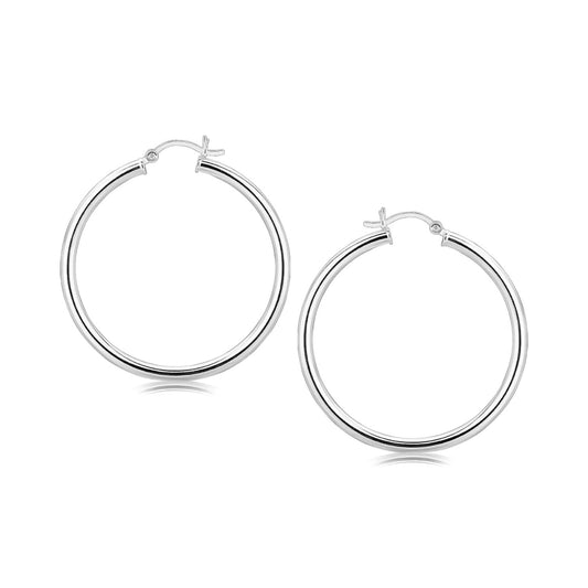 Pendientes de aro clásicos grandes pulidos de plata de ley con baño de rodio (40 mm)