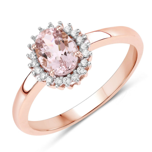 Anillo de Oro Rosa de 14K con Morganita Genuina de 0,81 Quilates y Diamantes Blancos