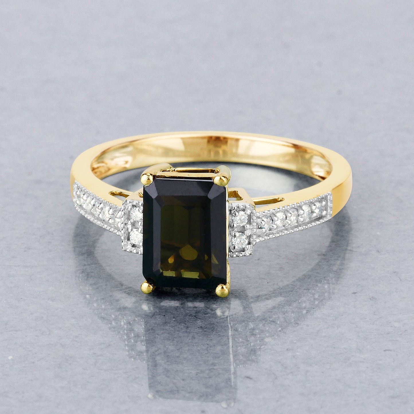 Anillo de oro amarillo de 14 quilates con turmalina verde genuina de 1,73 quilates y diamantes blancos