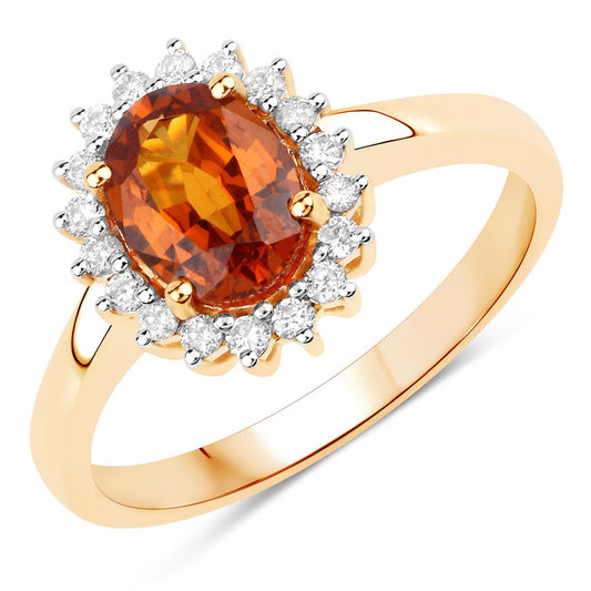 Anillo de oro amarillo de 14K con granate espesartita auténtico de 1,87 quilates y diamantes blancos
