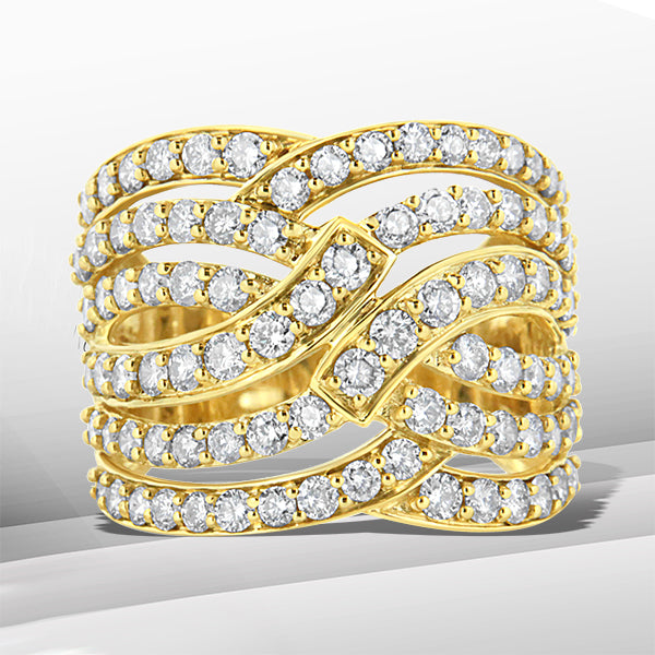 Anillo de cóctel con banda ondulada de varias filas de oro amarillo de 10 K y diamantes de 3,00 quilates (color J-K, claridad I1-I2) - Talla 7