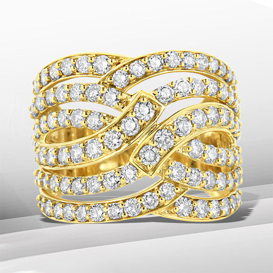 Anillo de cóctel con banda ondulada de varias filas de oro amarillo de 10 K y diamantes de 3,00 quilates (color J-K, claridad I1-I2) - Talla 7