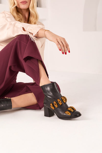 The Eclipse Black & Gold Leather Block Heel Women Boot