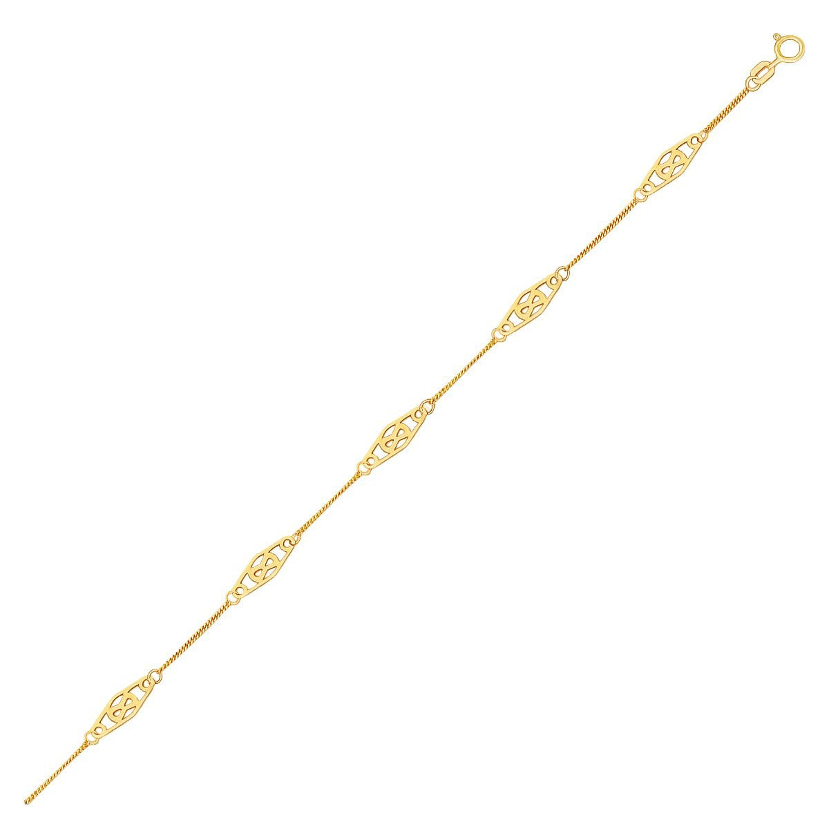 Tobillera de oro amarillo de 14k con estaciones de filigrana elegantes con forma de diamante