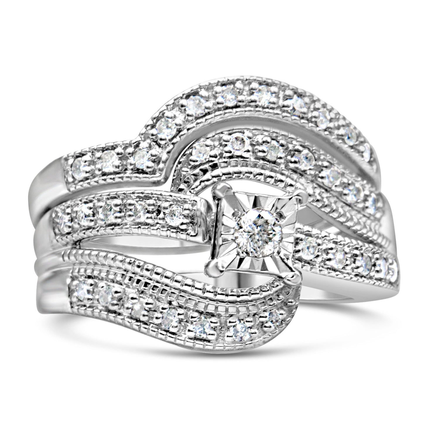 Conjunto de anillo de compromiso y boda de plata de ley .925 con diseño entrecruzado de diamante redondo de 1/3 Cttw (color H-I, claridad I1-I2) - Talla 7