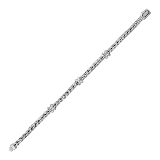 Pulsera de cuerda trenzada con detalles en X de zafiro blanco en plata esterlina