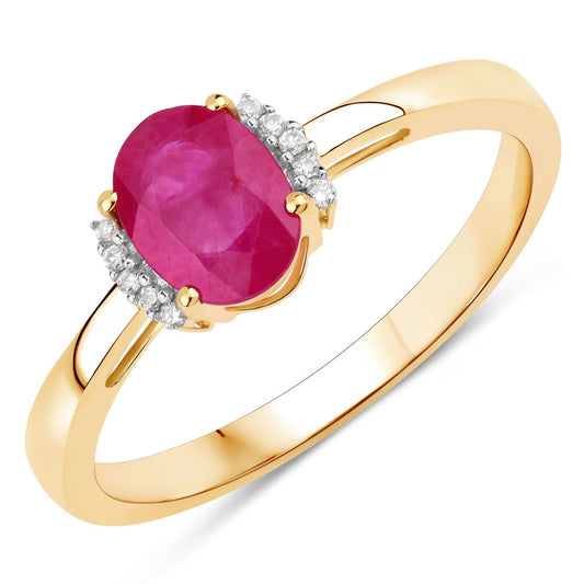 Anillo de oro amarillo de 14K con rubí Johnson genuino de 0,88 quilates y diamantes blancos