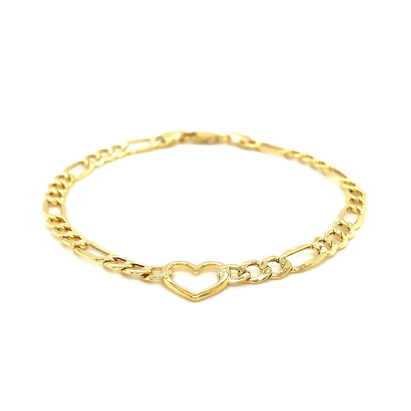 Pulsera de cadena Fígaro de oro amarillo de 14k y 7 pulgadas con corazón