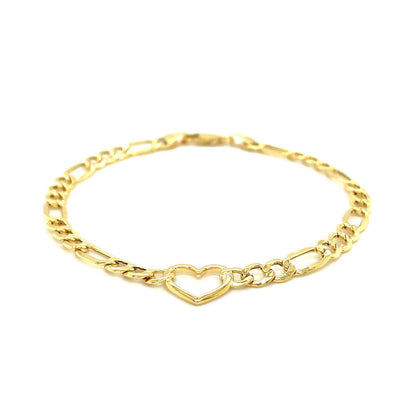 Pulsera de cadena Fígaro de oro amarillo de 14k y 7 pulgadas con corazón