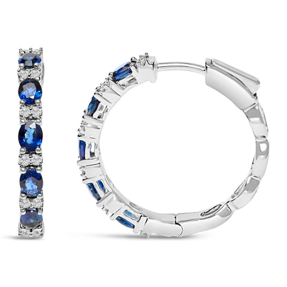 Pendientes de aro alternos de oro blanco de 14 quilates con zafiro azul ovalado de 4x3 mm y diamante de 1/4 Cttw (color I-J, claridad SI2-I1)
