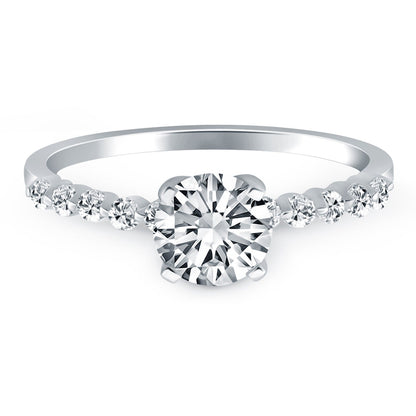 Anillo de compromiso de oro blanco de 14 quilates con diamantes y acentos de diamantes engastados en garras compartidas
