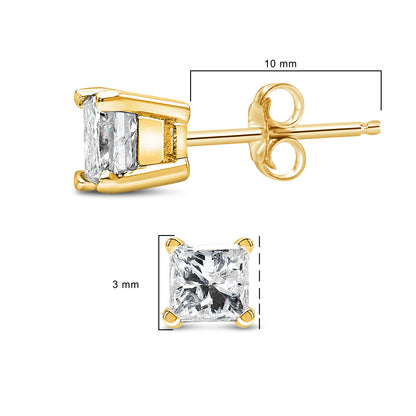 Pendientes de botón solitarios con diamantes de talla princesa de 1/3 Cttw en oro amarillo de 14k con engaste de 4 puntas, certificados por IGI (color Q-R, claridad I1-I2)