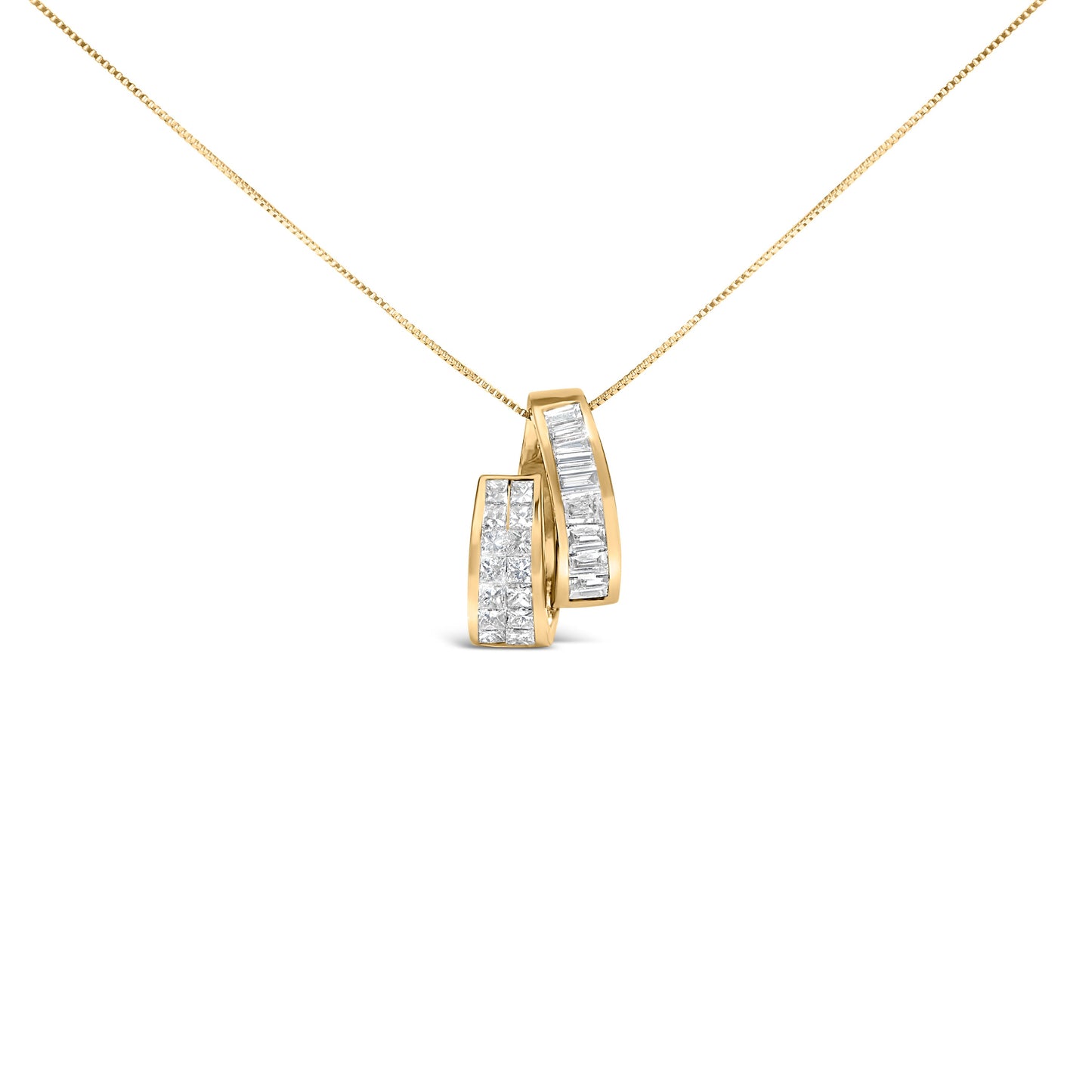 Collar con colgante de barra doble de oro amarillo de 14 quilates con diamantes talla princesa y baguette de 1 5/8 qt (color G-H, claridad VS2-SI1) - 18"