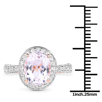Anillo de plata de ley .925 chapado en oro rosa de 14 quilates con kunzita genuina de 3,86 quilates y circonita blanca