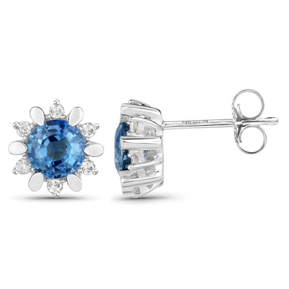 Pendientes de oro blanco de 14 quilates con zafiro azul auténtico de 1,87 quilates y diamantes blancos