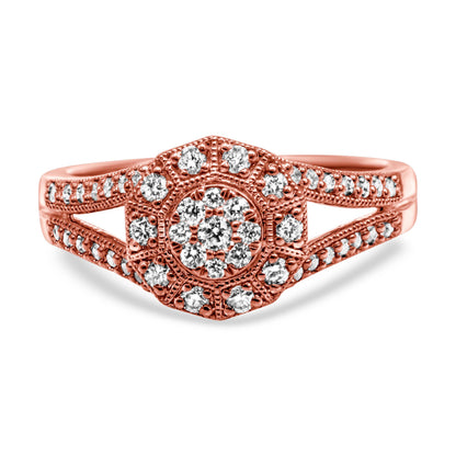 Anillo de cóctel con halo de diamantes pavé de 1/2 quilate, en plata de ley 925 con baño de oro rosa de 14 quilates, con vástago dividido (color I-J, claridad I1-I2) - Talla 6