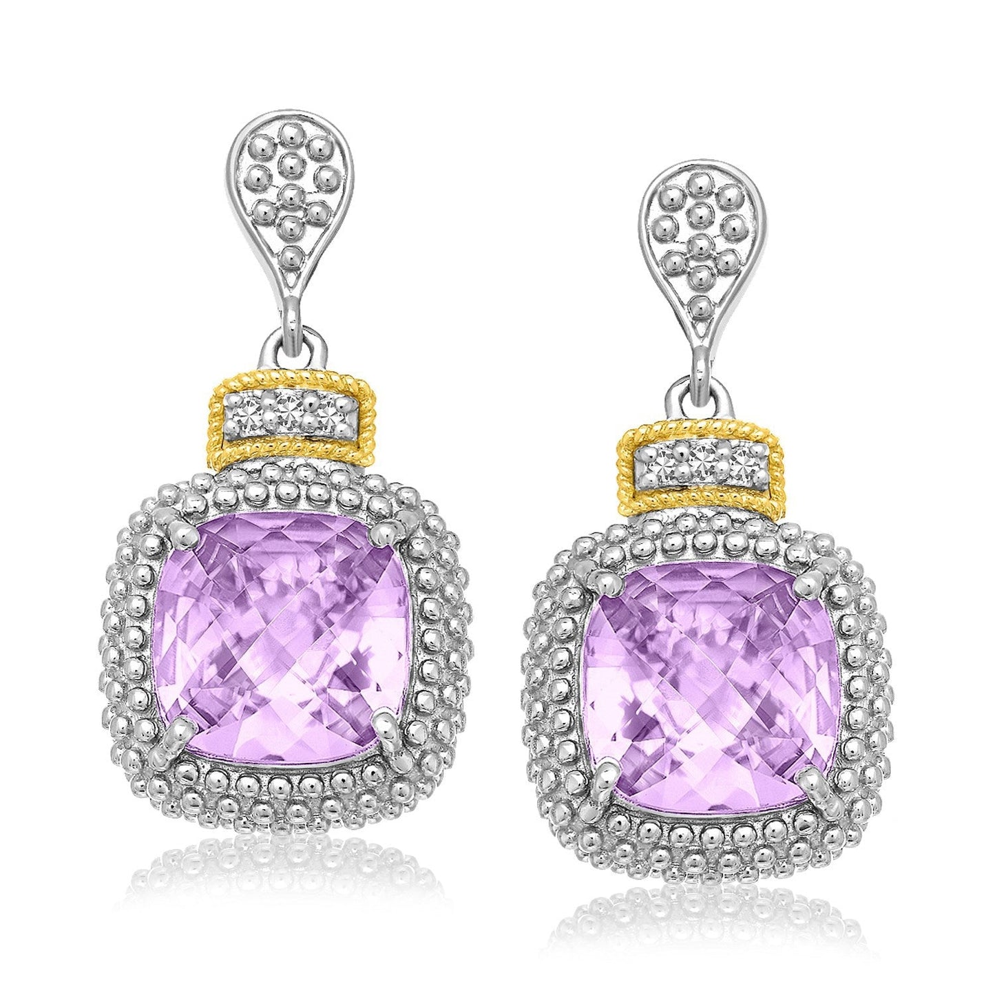 Pendientes de amatista talla cojín y diamantes (.05cttw) en oro amarillo de 18k y plata de ley