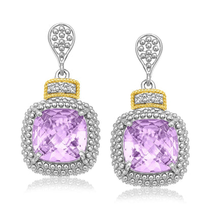 Pendientes de amatista talla cojín y diamantes (.05cttw) en oro amarillo de 18k y plata de ley
