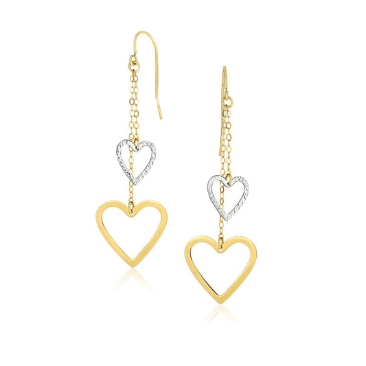 Pendientes colgantes de cadena con corazón calado en oro bicolor de 10k