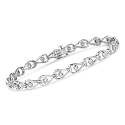 Pulsera de eslabones con forma de pera y bisel de plata de ley .925 con diamantes de 1/10 Cttw engarzados en milagro (color I-J, claridad I3) - 7.25"
