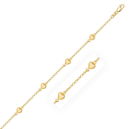 Pulsera de cadena Rolo de oro amarillo de 14k con estaciones de corazones inflados