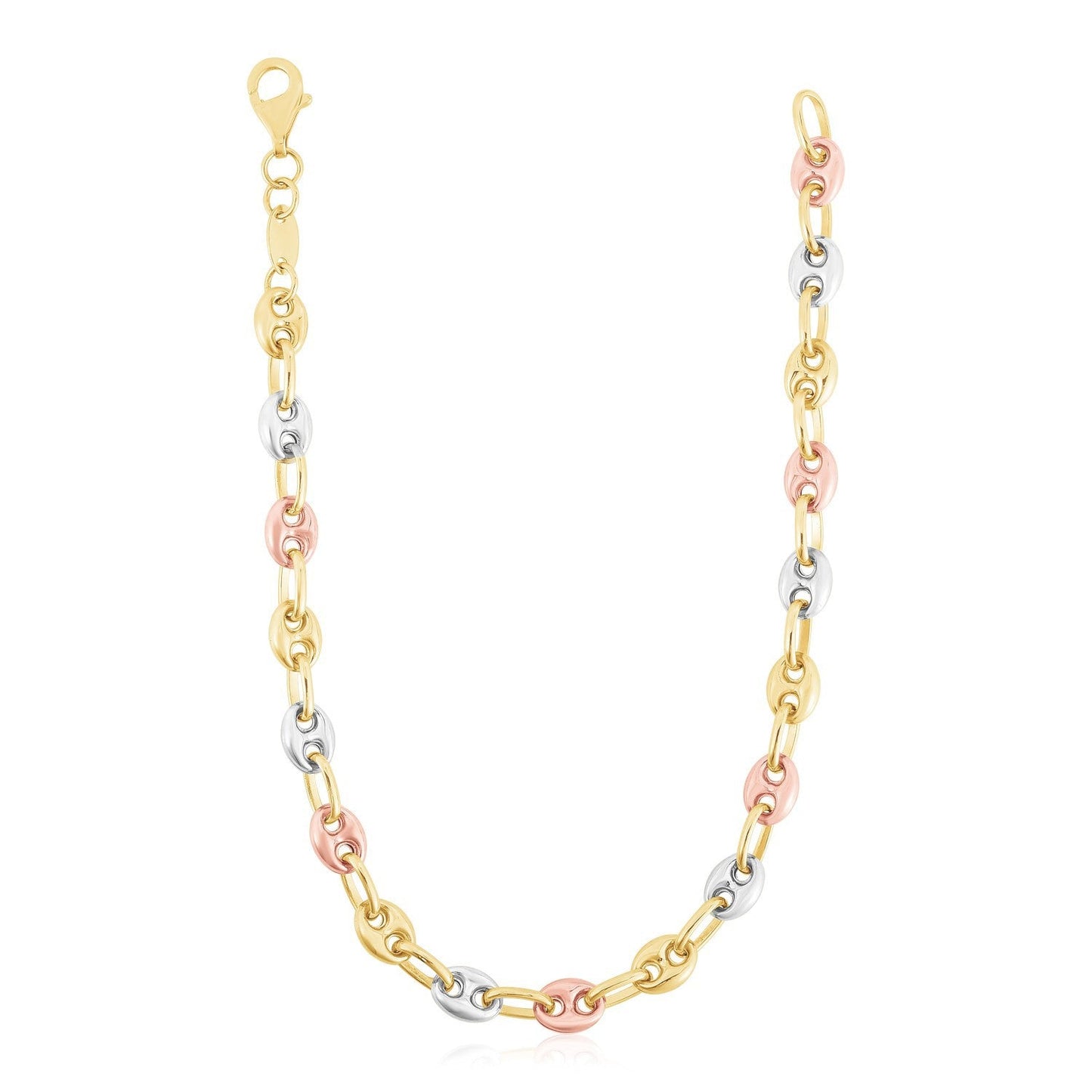 Cadena de eslabones marineros inflados de oro tricolor de 14k de alto pulido