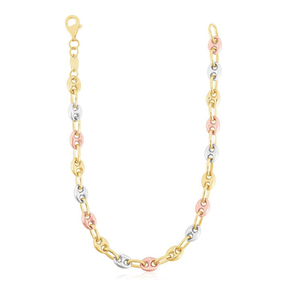 Cadena de eslabones marineros inflados de oro tricolor de 14k de alto pulido