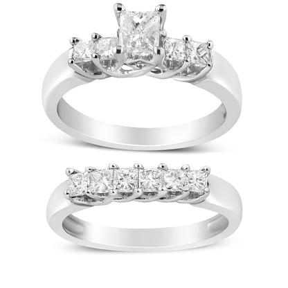 Juego de anillos de compromiso y boda de oro blanco de 14 quilates con 5 diamantes princesa de 1,5 quilates en total (color H-I, claridad SI2-I1) - Talla 7