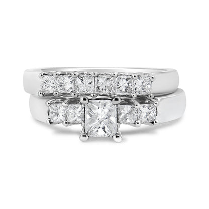 Juego de anillos de compromiso y boda de oro blanco de 14 quilates con 5 diamantes princesa de 1,5 quilates en total (color H-I, claridad SI2-I1) - Talla 7