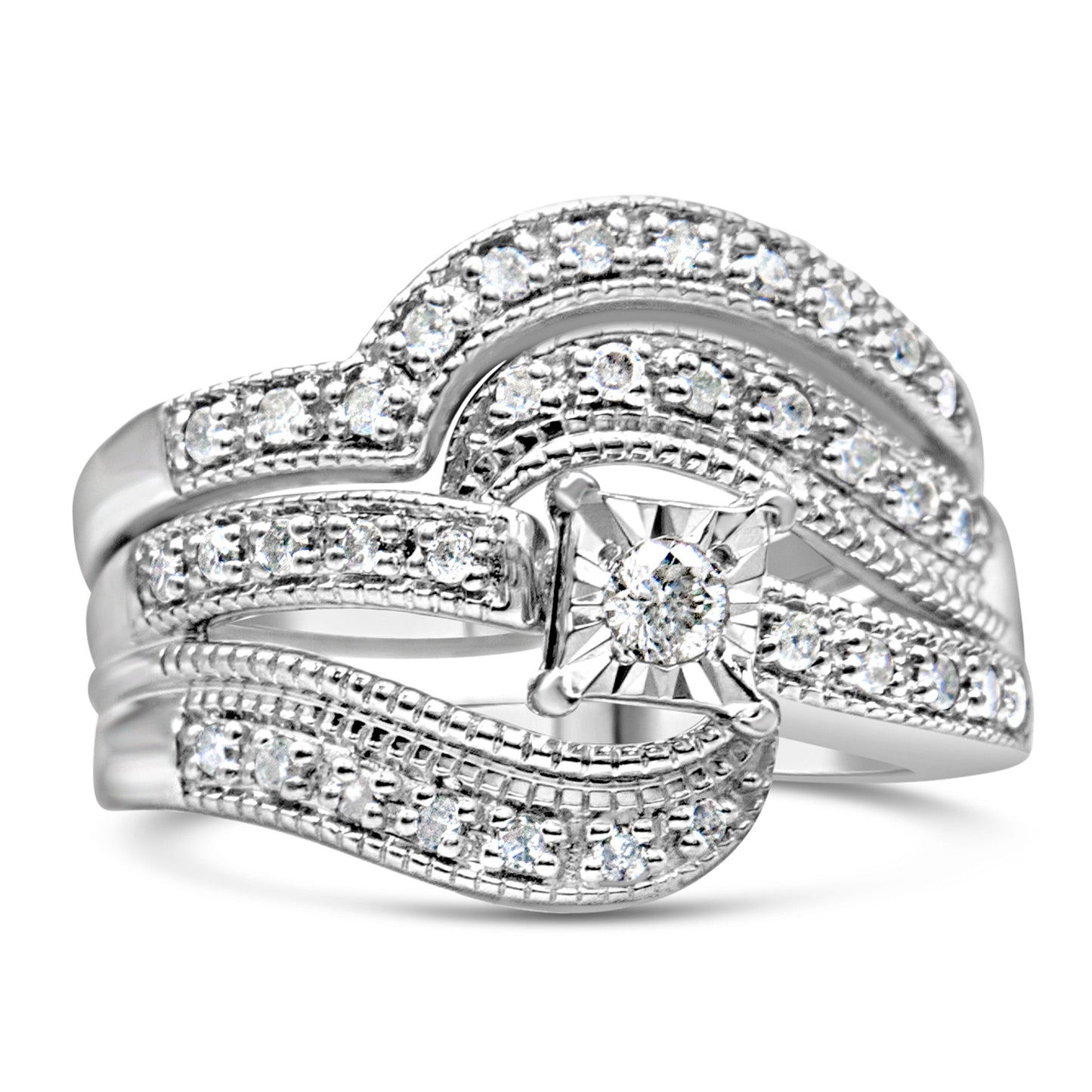 Conjunto de anillo de compromiso y boda de plata de ley .925 con diseño entrecruzado de diamante redondo de 1/3 Cttw (color H-I, claridad I1-I2) - Talla 7