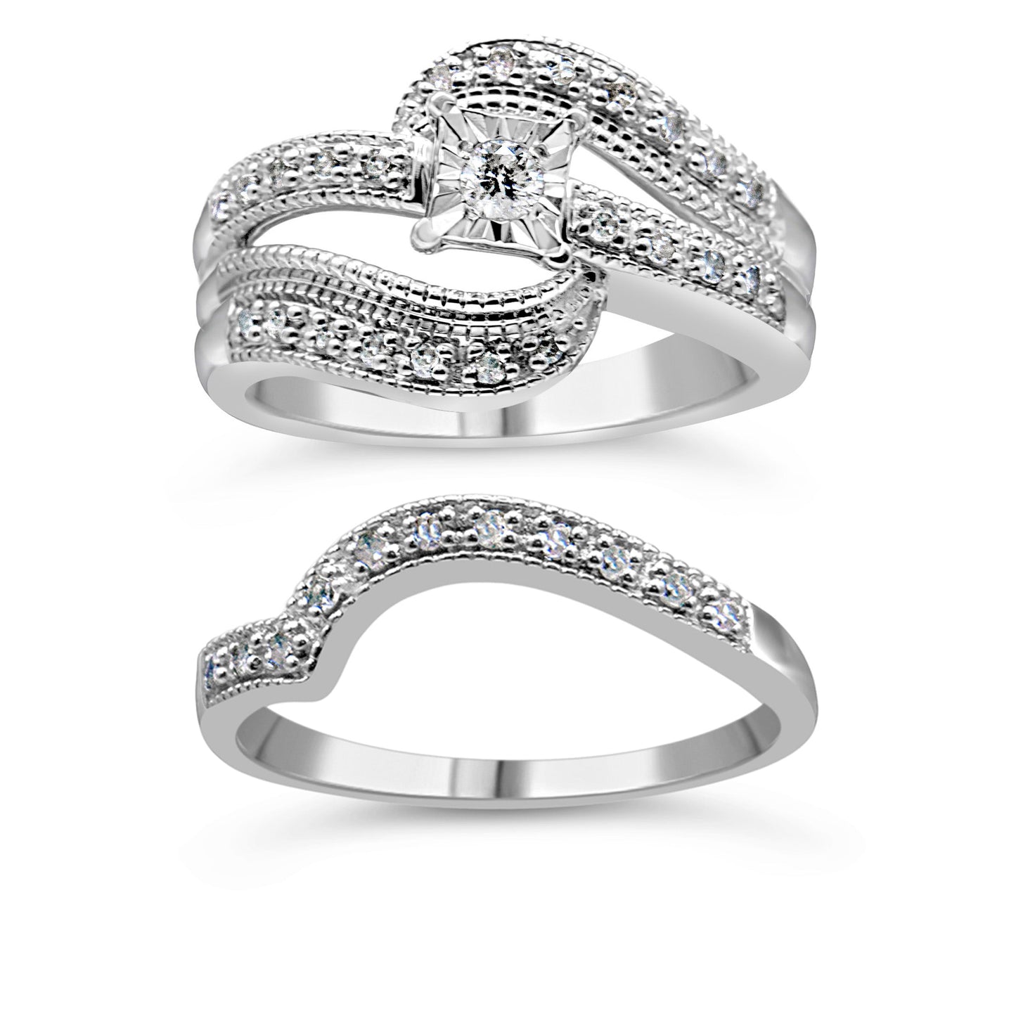 Conjunto de anillo de compromiso y boda de plata de ley .925 con diseño entrecruzado de diamante redondo de 1/3 Cttw (color H-I, claridad I1-I2) - Talla 7