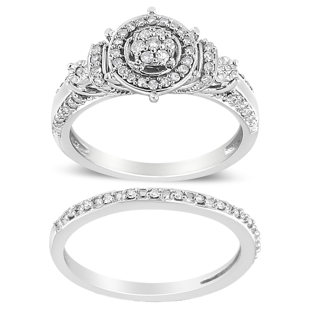 Anillo de compromiso y conjunto de alianzas de boda de plata de ley .925 con diamante de 1/3 Cttw de 7 piedras en racimo y halo (color I-J, claridad I1-I2) - Talla 7