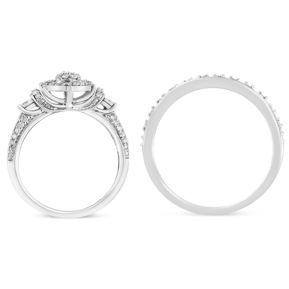 Anillo de compromiso y conjunto de alianzas de boda de plata de ley .925 con diamante de 1/3 Cttw de 7 piedras en racimo y halo (color I-J, claridad I1-I2) - Talla 7