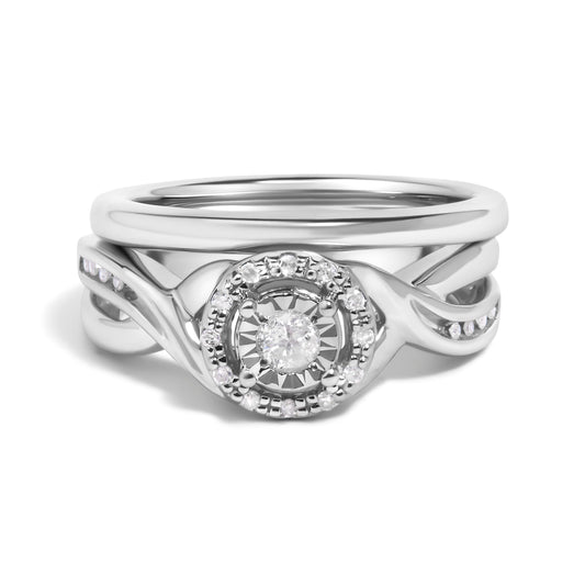 Anillo de compromiso y alianza de plata de ley .925 con halo de diamantes de 1/7 quilates (color I-J, claridad I3) - Talla 7